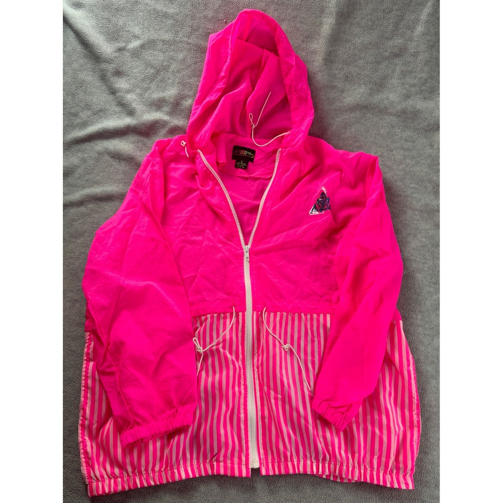 Vintage G-4000 Neon Pink Striped Windbreaker Jacket Hooded 80s Retro Large